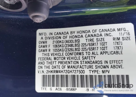 2016 Honda Cr-V Ex-L from USA, damaged, VIN 2HKRM4H72GH727500